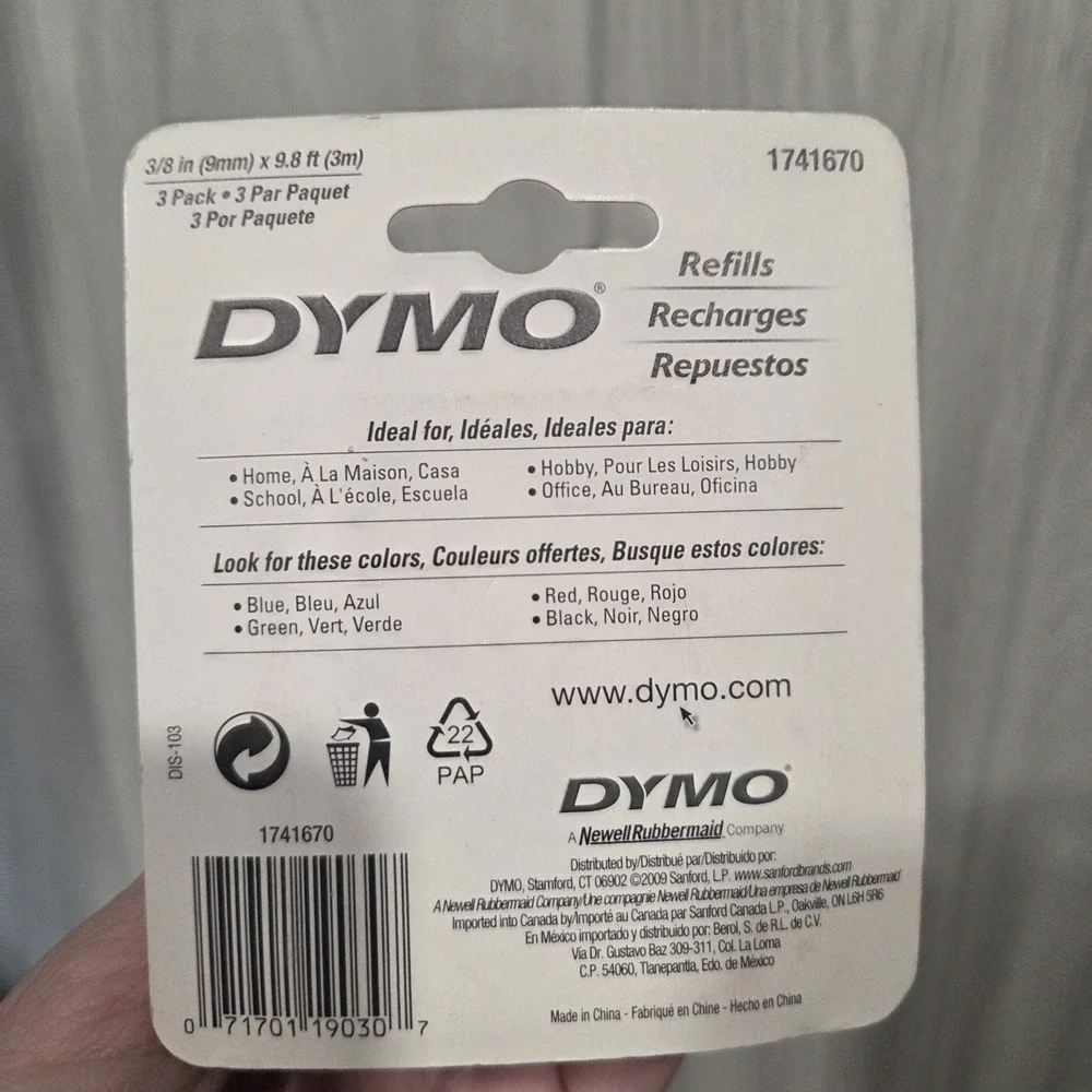 Dymo 1741670 3 Pack Labelmaker Refill Tape 3/8